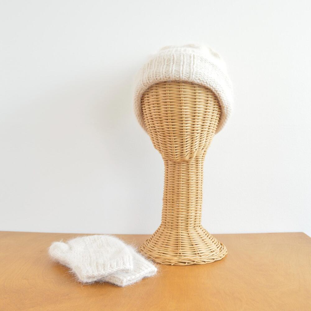 light beige vintage cashmere and alpaca hat and mitten set